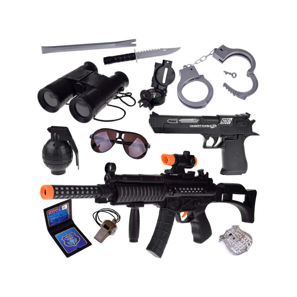 Rinkinys policijai, kuriame vaidinamas policininkas su pistoletu ir antrankiais ZA4826